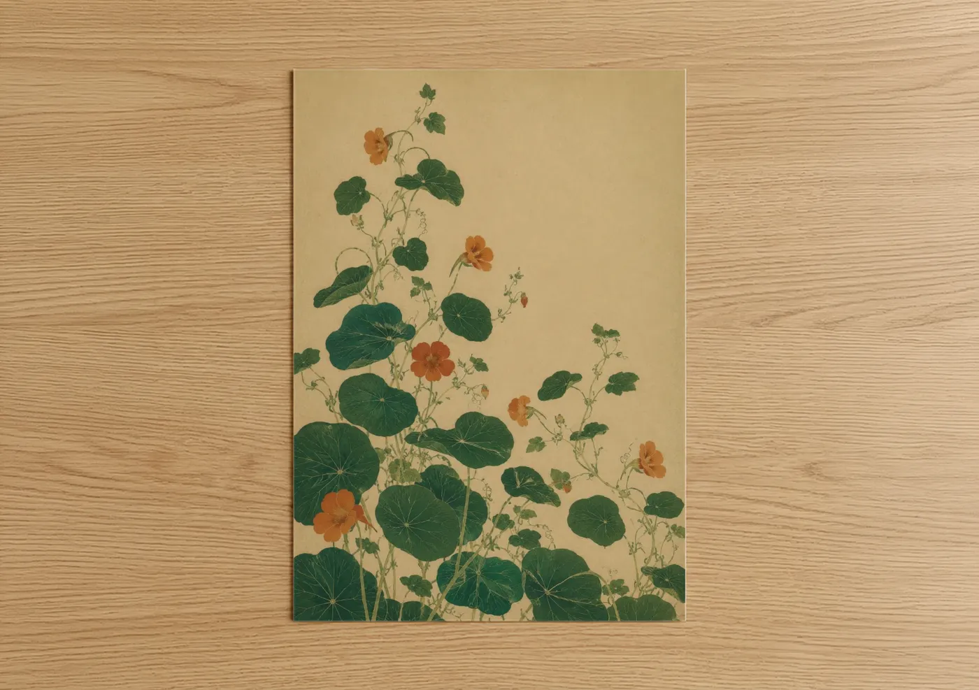 Art print on warm oak wood — beige and true green palette — Vintage Geranium Botanical Wall Art poster