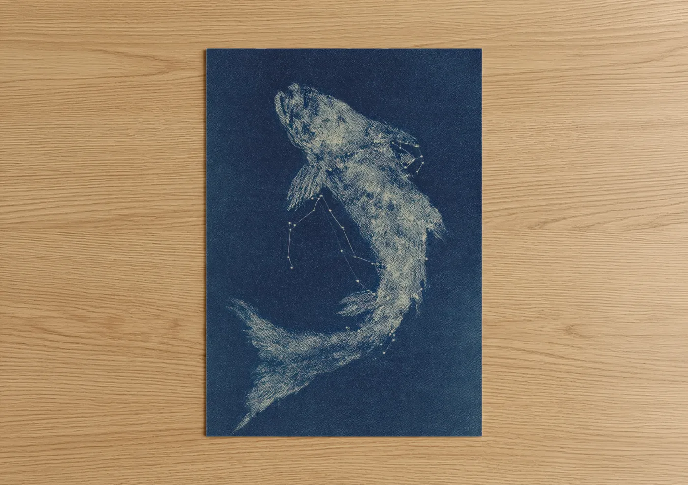 Art print on warm oak wood — dark blue and white palette — Celestial Tarpon poster