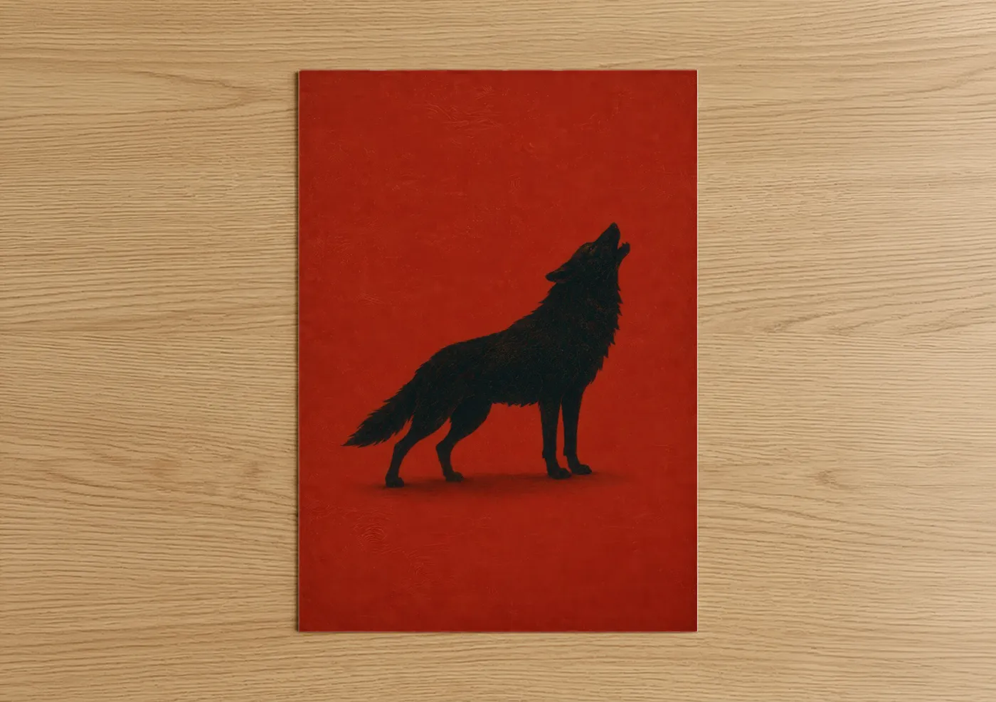 Art print on warm oak wood — red and black palette — Howling Wolf Minimalist Wall Art poster
