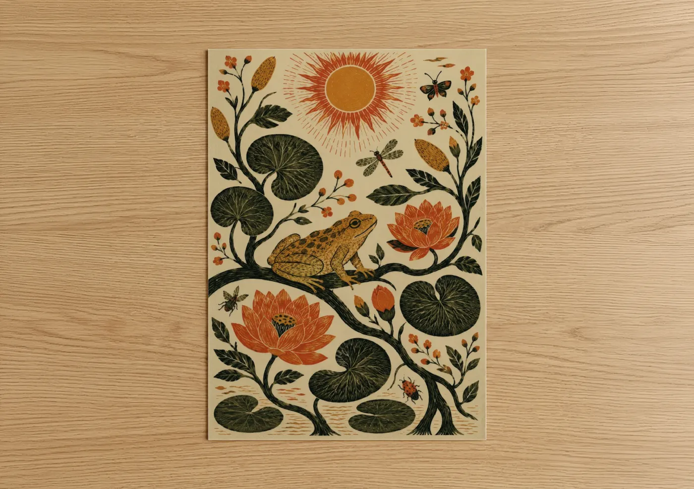 Frogs and toads art print on warm oak wood — orange and dark green palette — Japanese Lotus Pond with Frog Wall Art poster