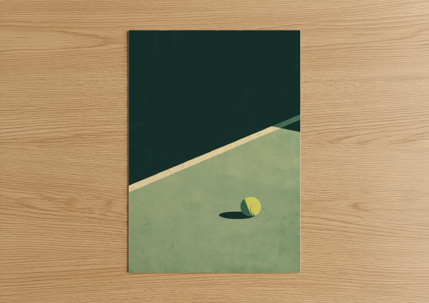 Tennis art print on warm oak wood — sage green and yellow palette — Courtside Minimalism poster