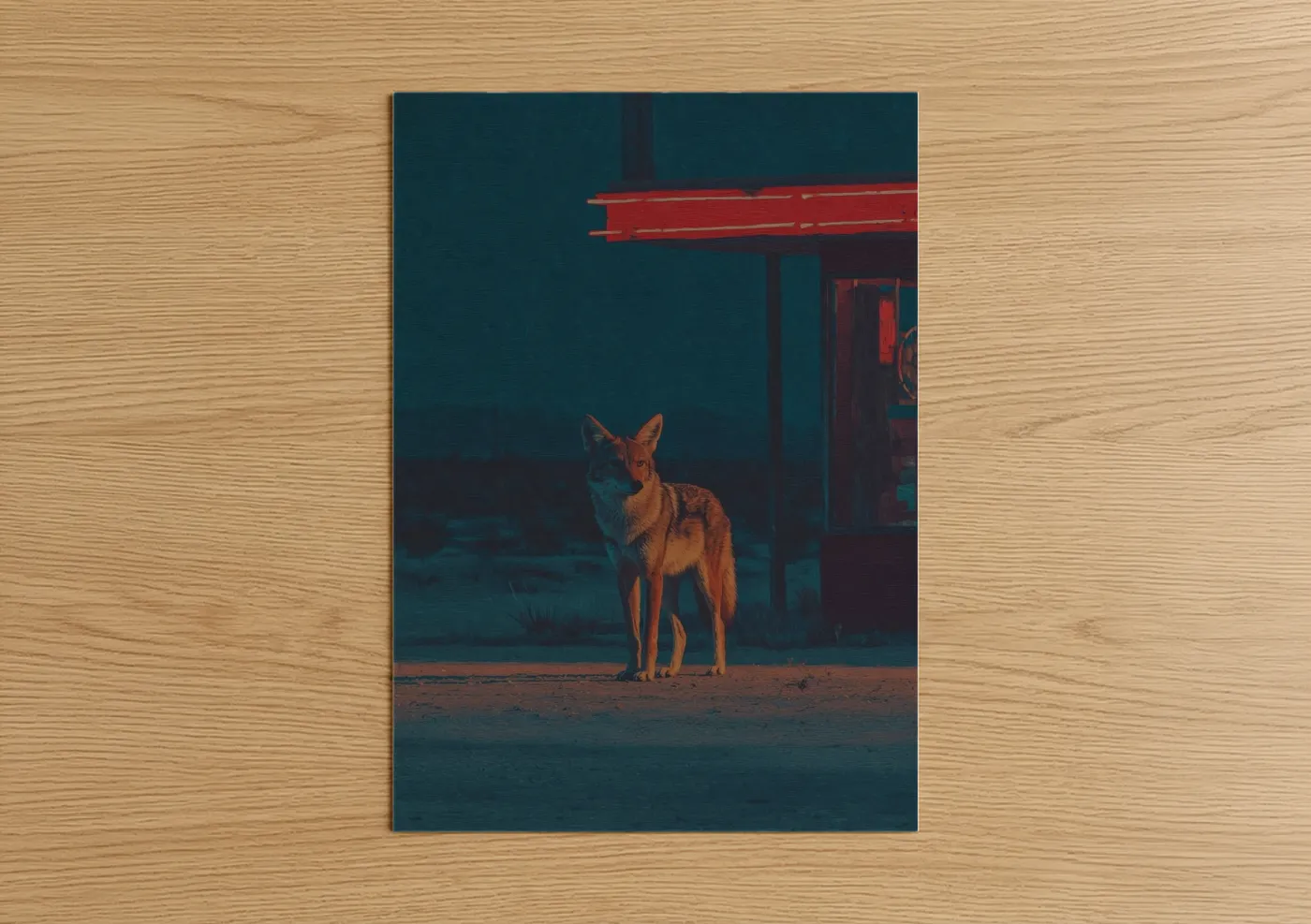 Art print on warm oak wood — dark blue and red palette — Neon Desert Coyote poster
