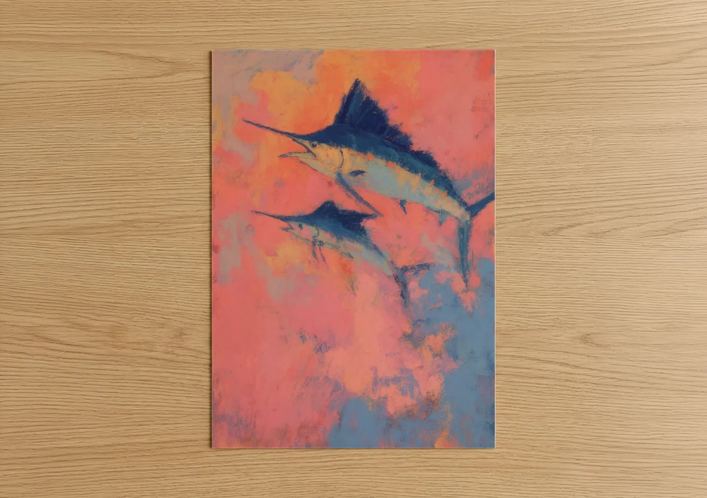 Art print on warm oak wood — orange and dark blue palette — Crimson Sailfish Pair poster
