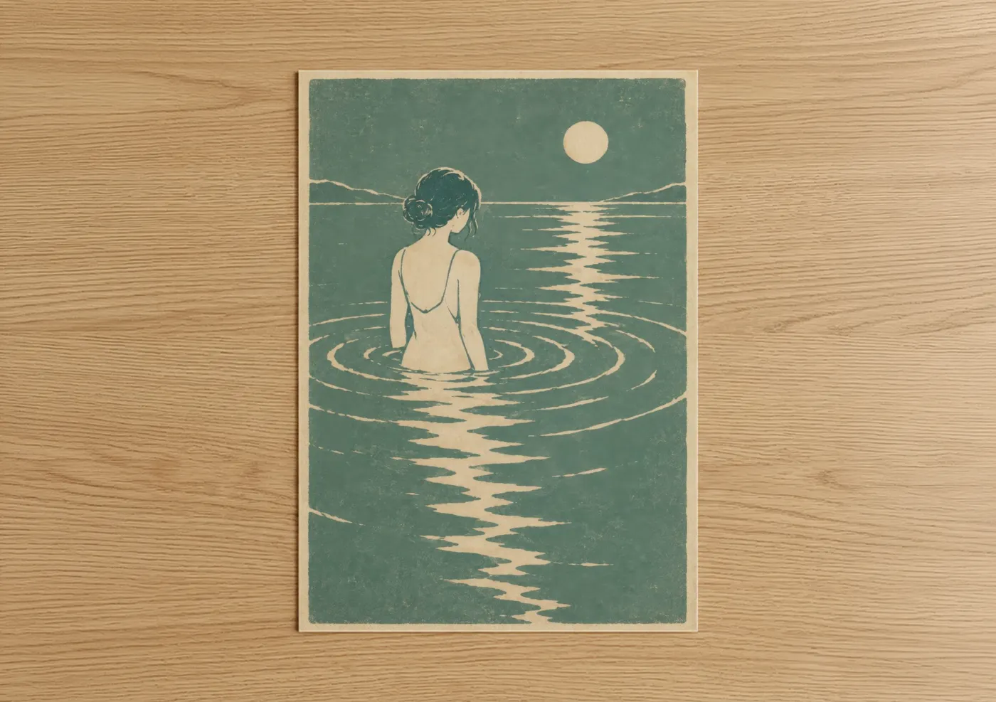 Lakes art print on warm oak wood — teal and cream palette — Moonlit Lake Bathing Wall Art poster