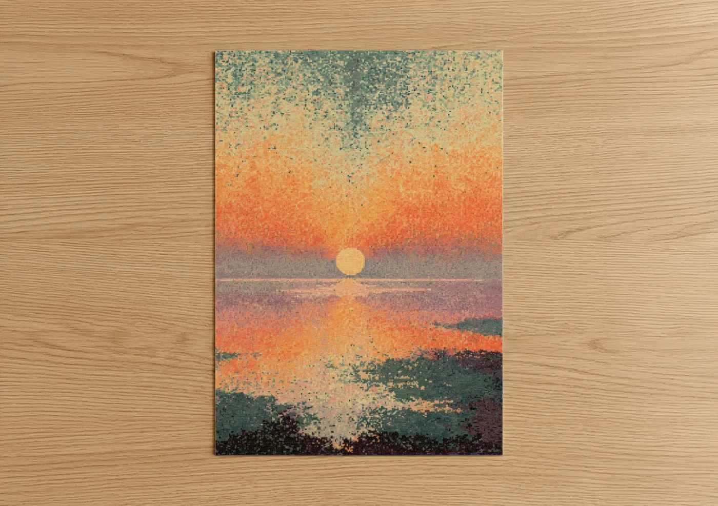 Sandy beach art print on warm oak wood — orange and gold palette — Pixelated Sunset poster