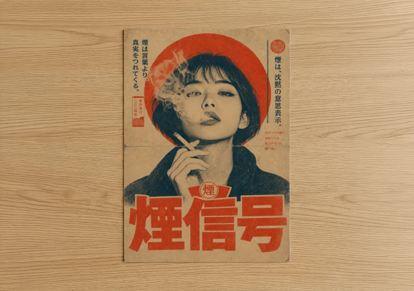 Smoking art print on warm oak wood — red and beige palette — Vintage Japanese Cigarette Ad Wall Art poster