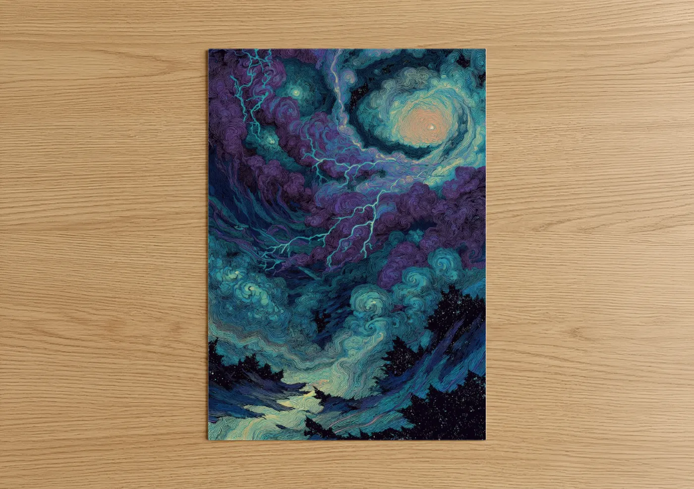 Night sky art print on warm oak wood — purple and teal palette — Cosmic Storm Night poster