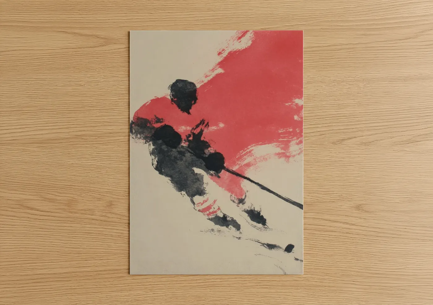 Art print on warm oak wood — red and black and white palette — Dynamic Ice Hockey poster