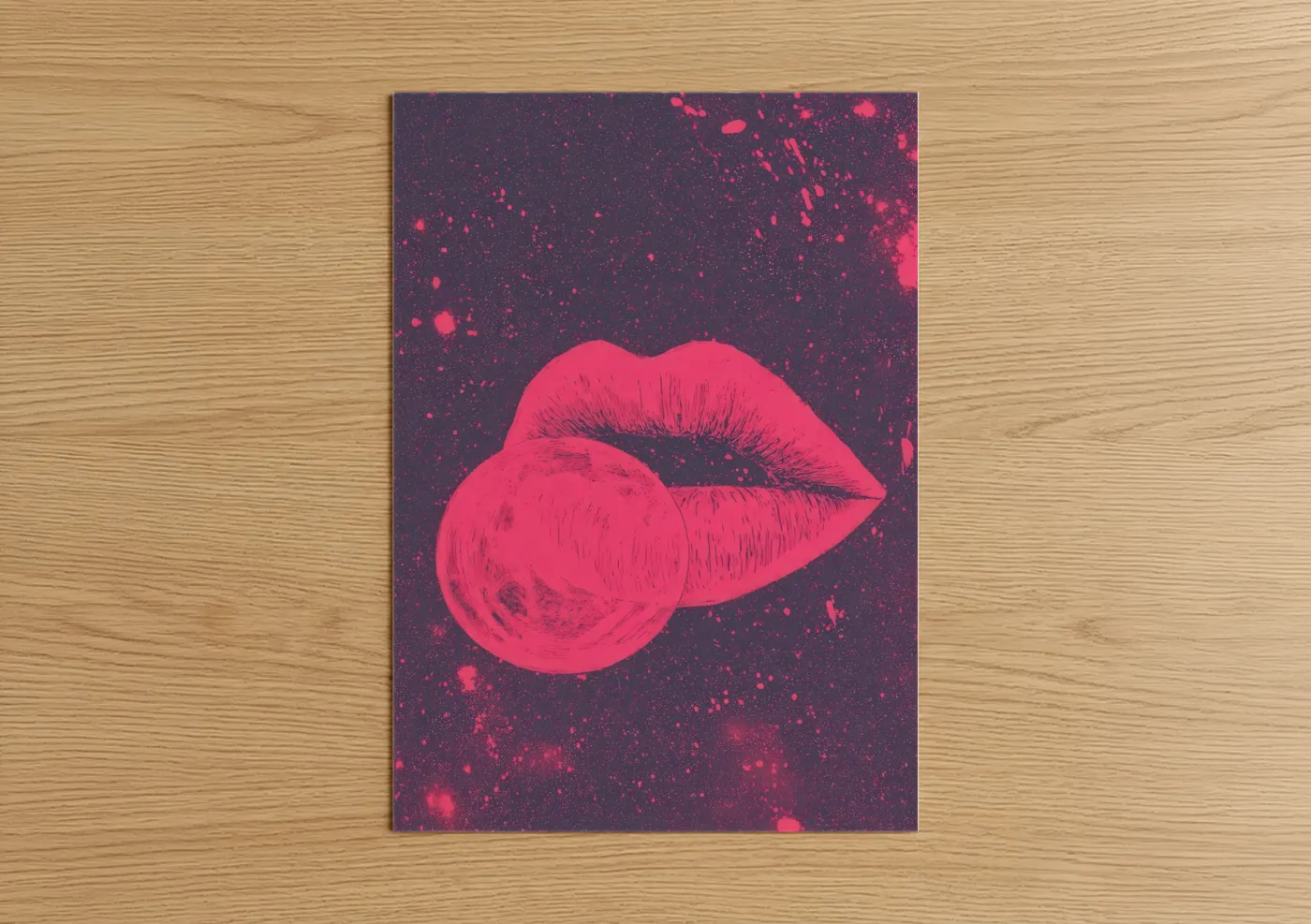 Art print on warm oak wood — magenta and purple palette — Neon Lip Pop poster