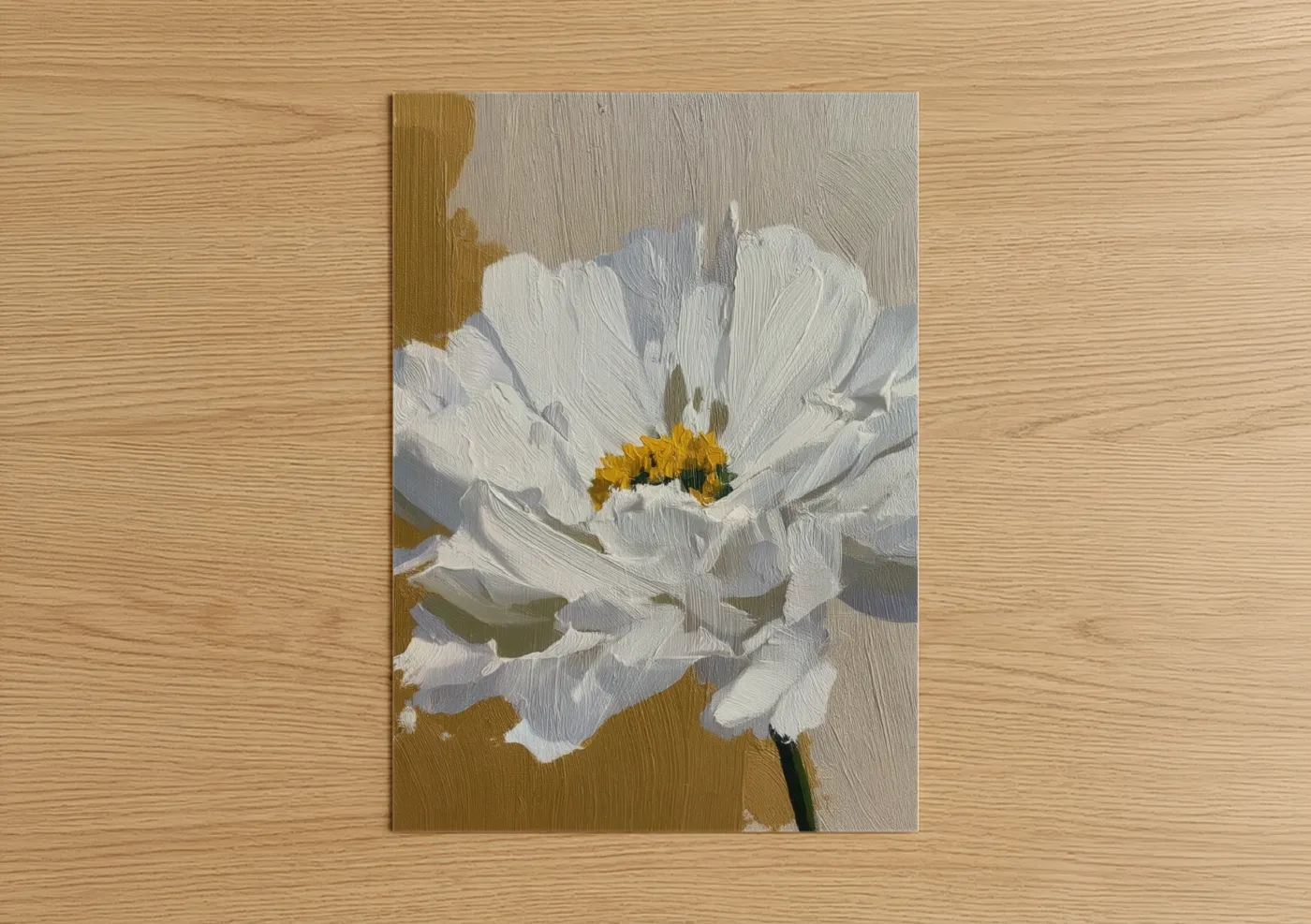 Abstract flower art print on warm oak wood — white and gold palette — White Peony Glory poster