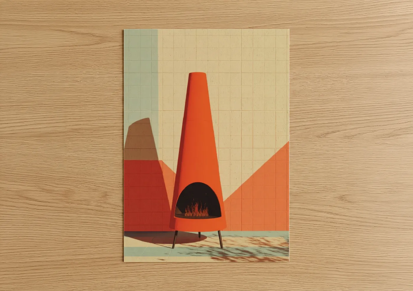 Art print on warm oak wood — red and cream palette — Crimson Mid-Century Fireplace poster