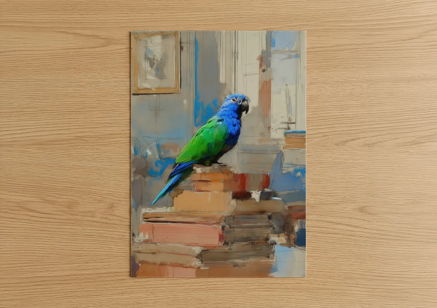 Safari parrots art print on warm oak wood — blue and green palette — Blue Macaw Scholar poster