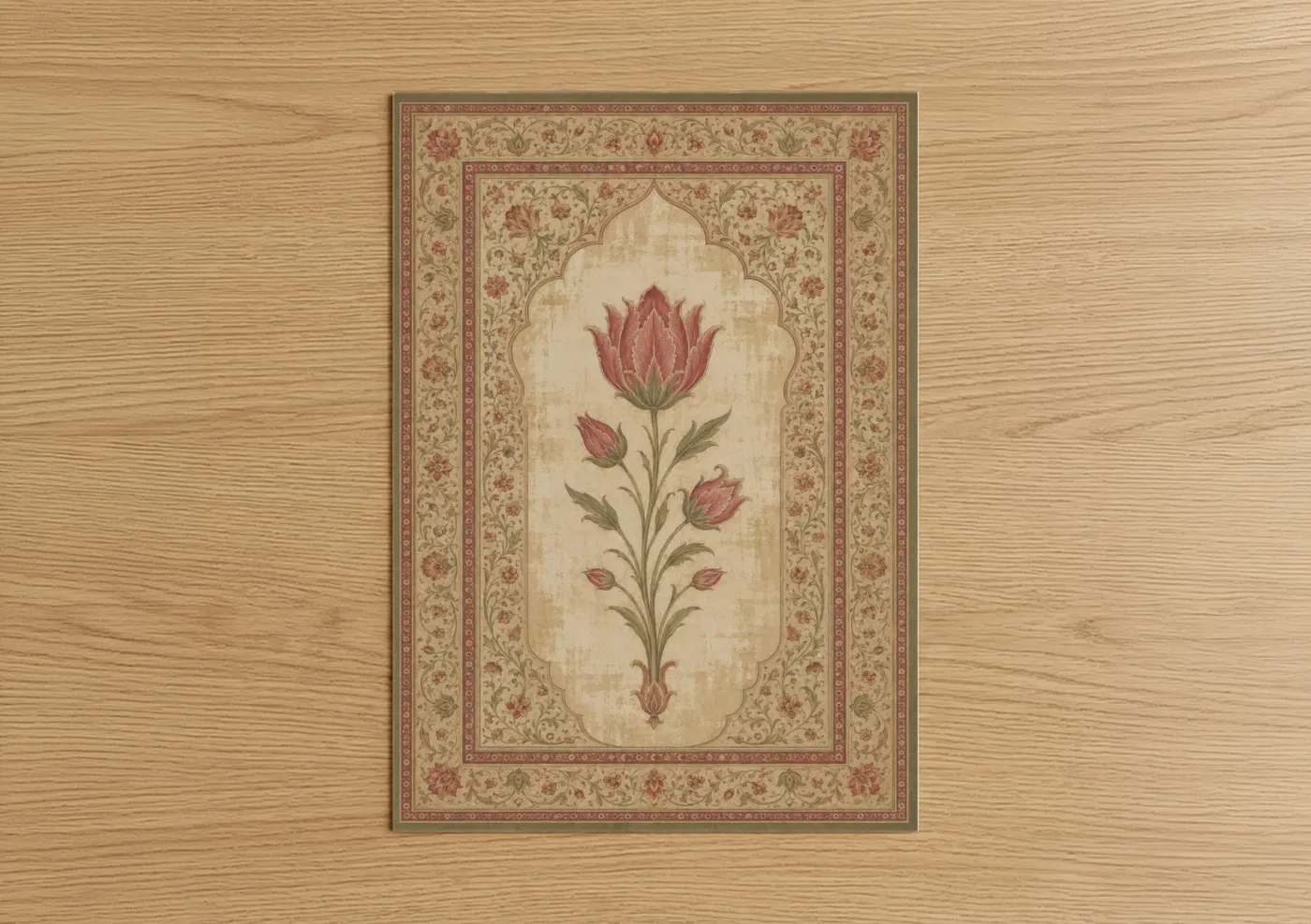 Art print on warm oak wood — beige and rose gold palette — Persian Tulip Floral Wall Art poster