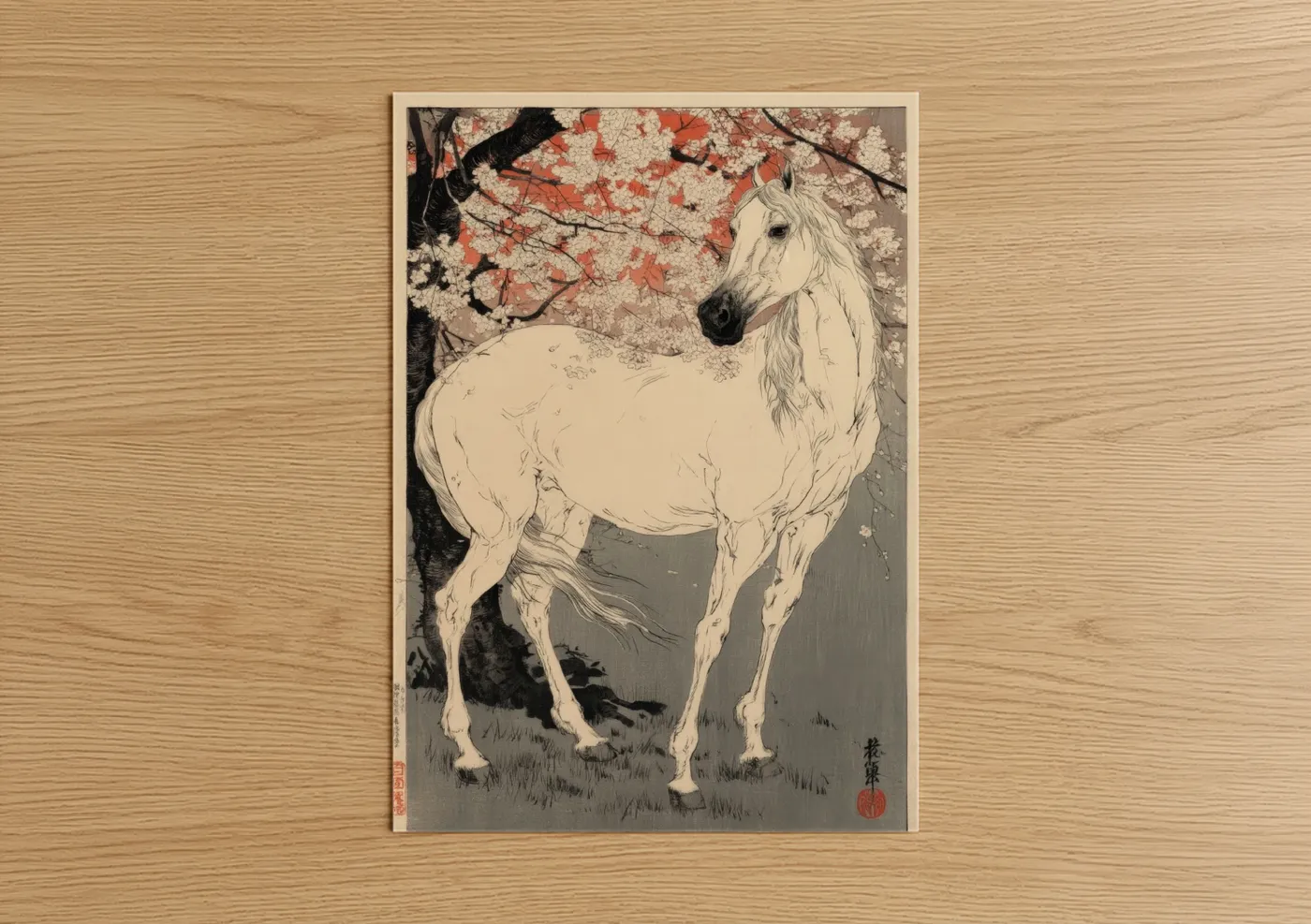 White Arabian Horse Cherry Blossom Wall Art
