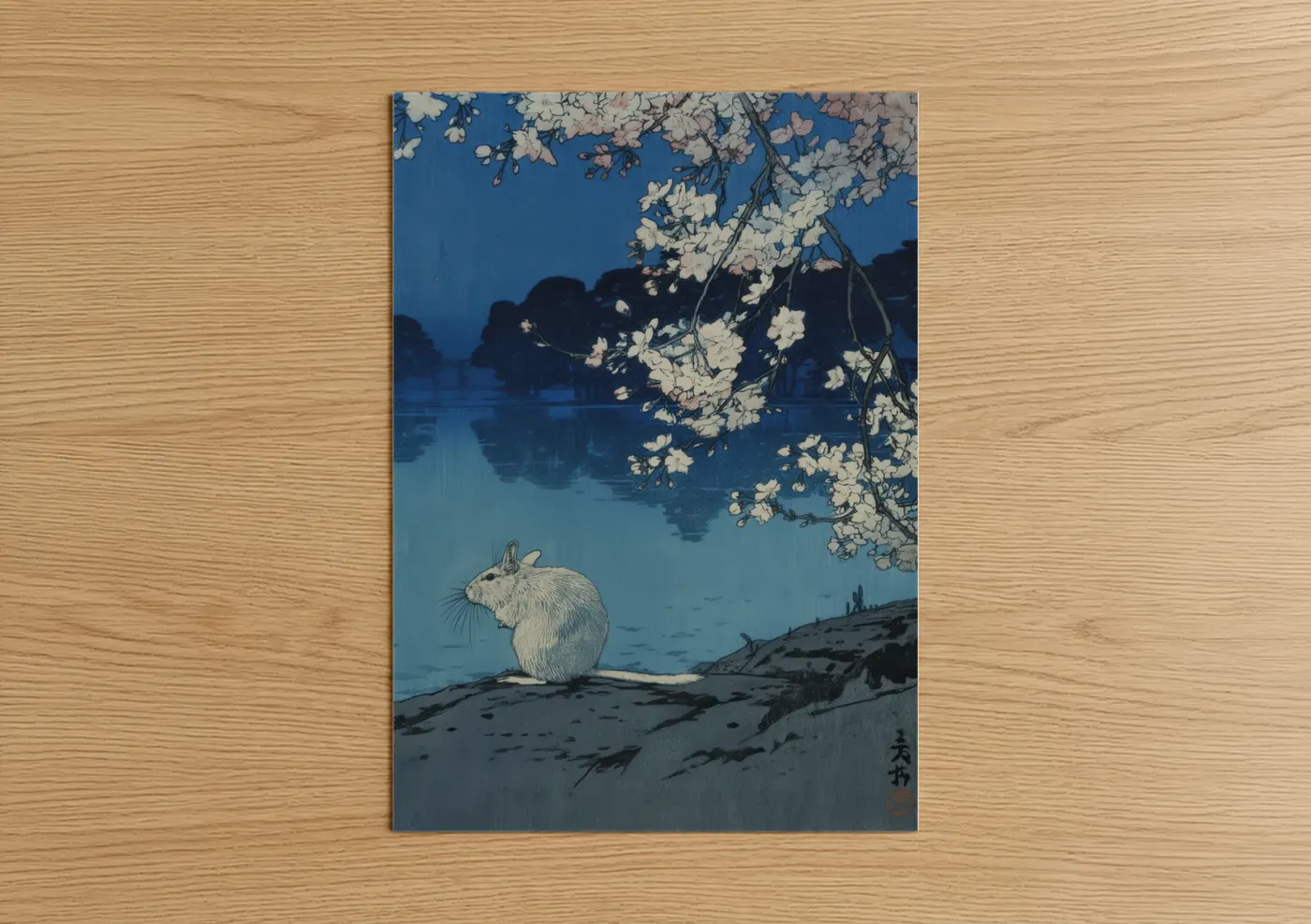 Art print on warm oak wood — blue and white palette — Moonlit Gerbil poster