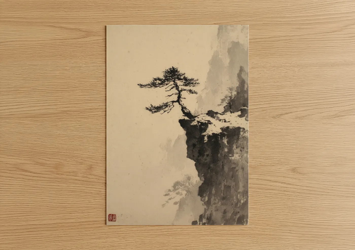 Art print on warm oak wood — black and white and dove gray palette — Cliff Bonsai poster