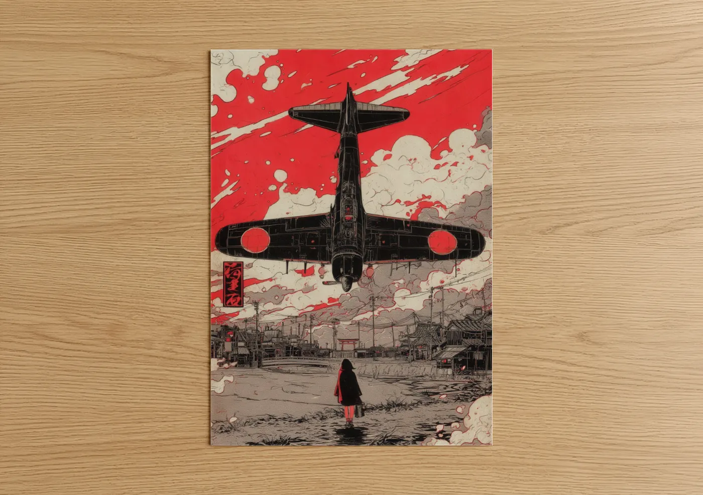 Vintage Airplane Red Sky Japanese Wall Art