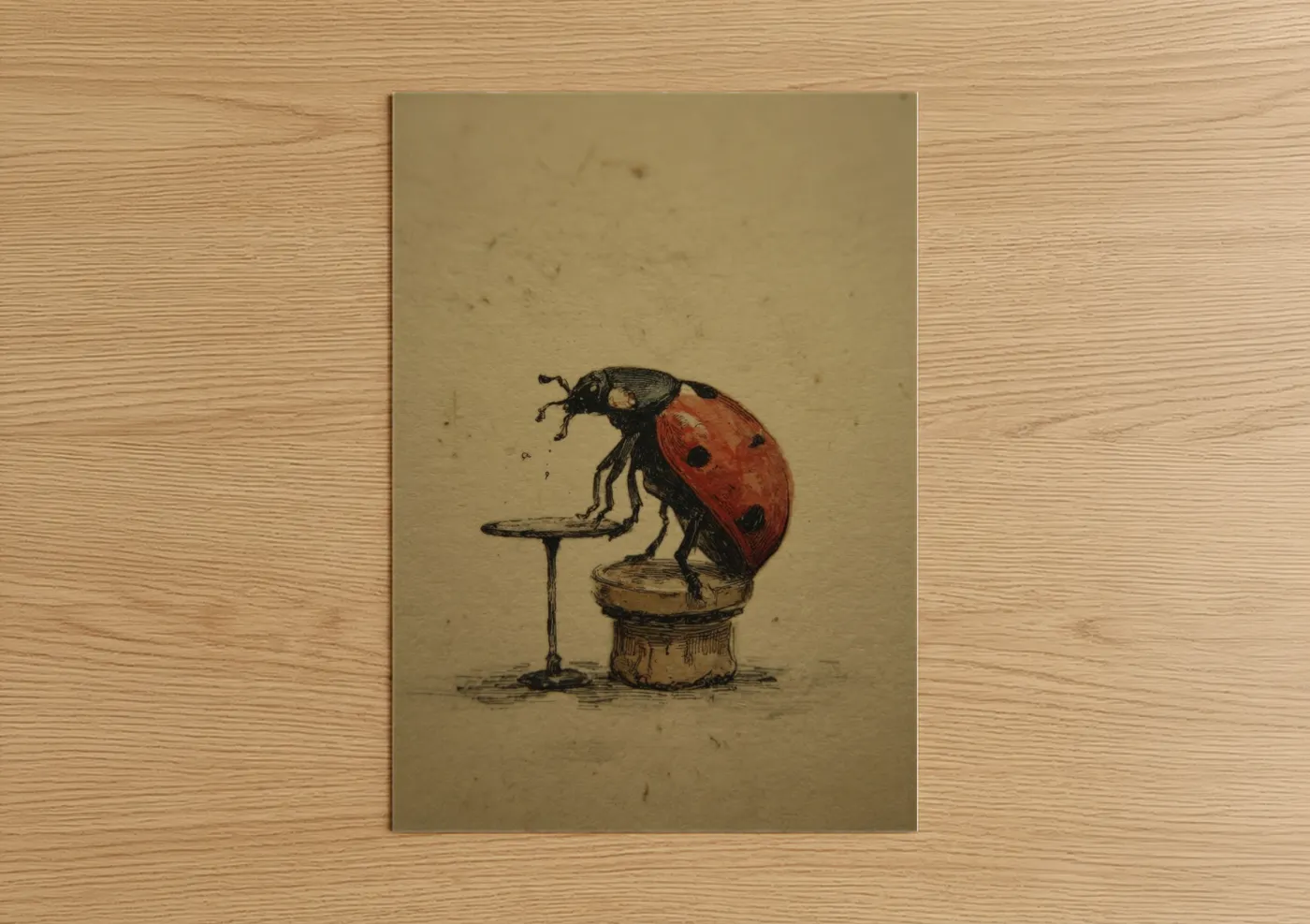 Contemplative Ladybug Vintage Illustration Wall Art