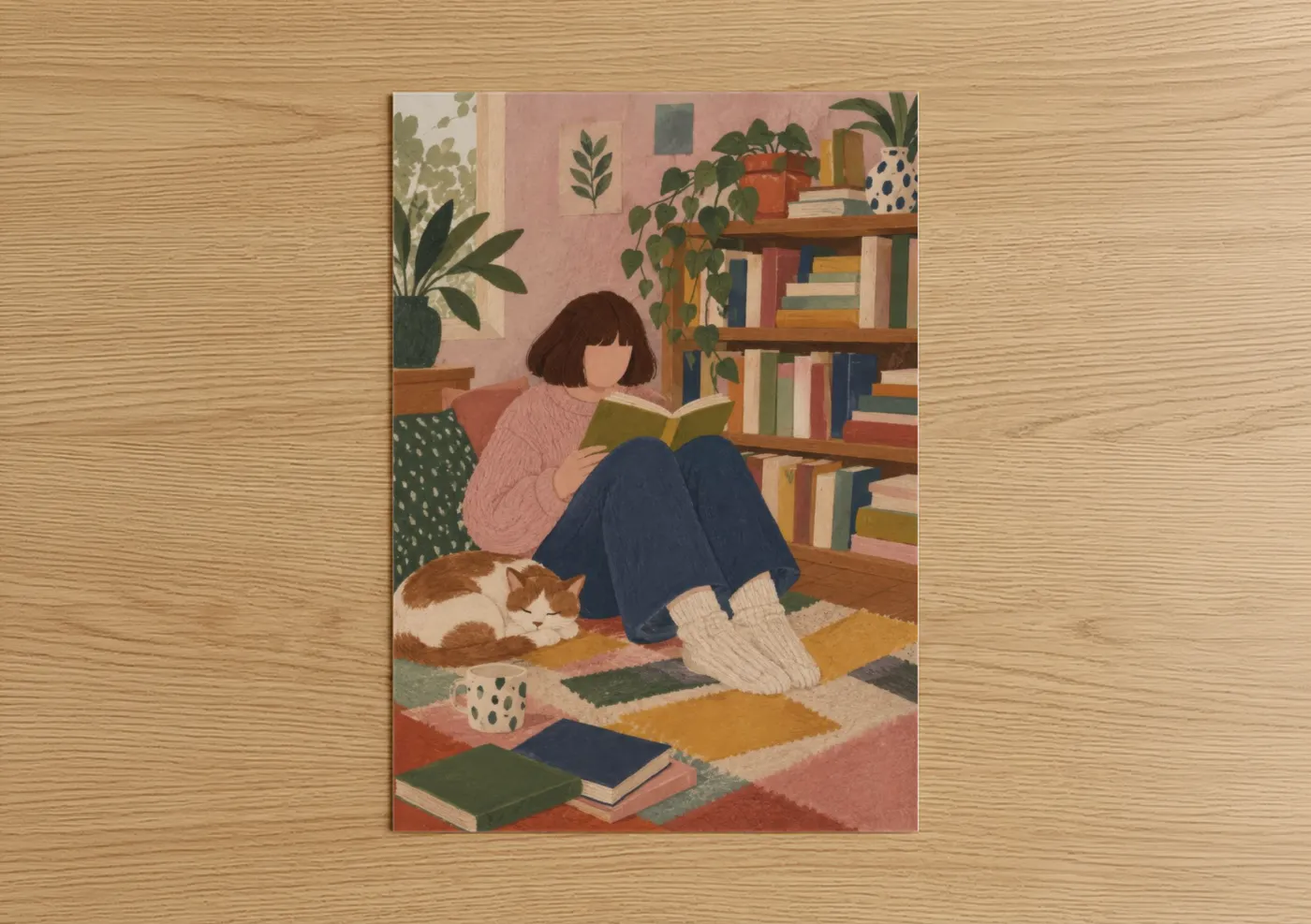Art print on warm oak wood — pink and blue palette — Cozy Reading Nook With Cat Wall Art poster