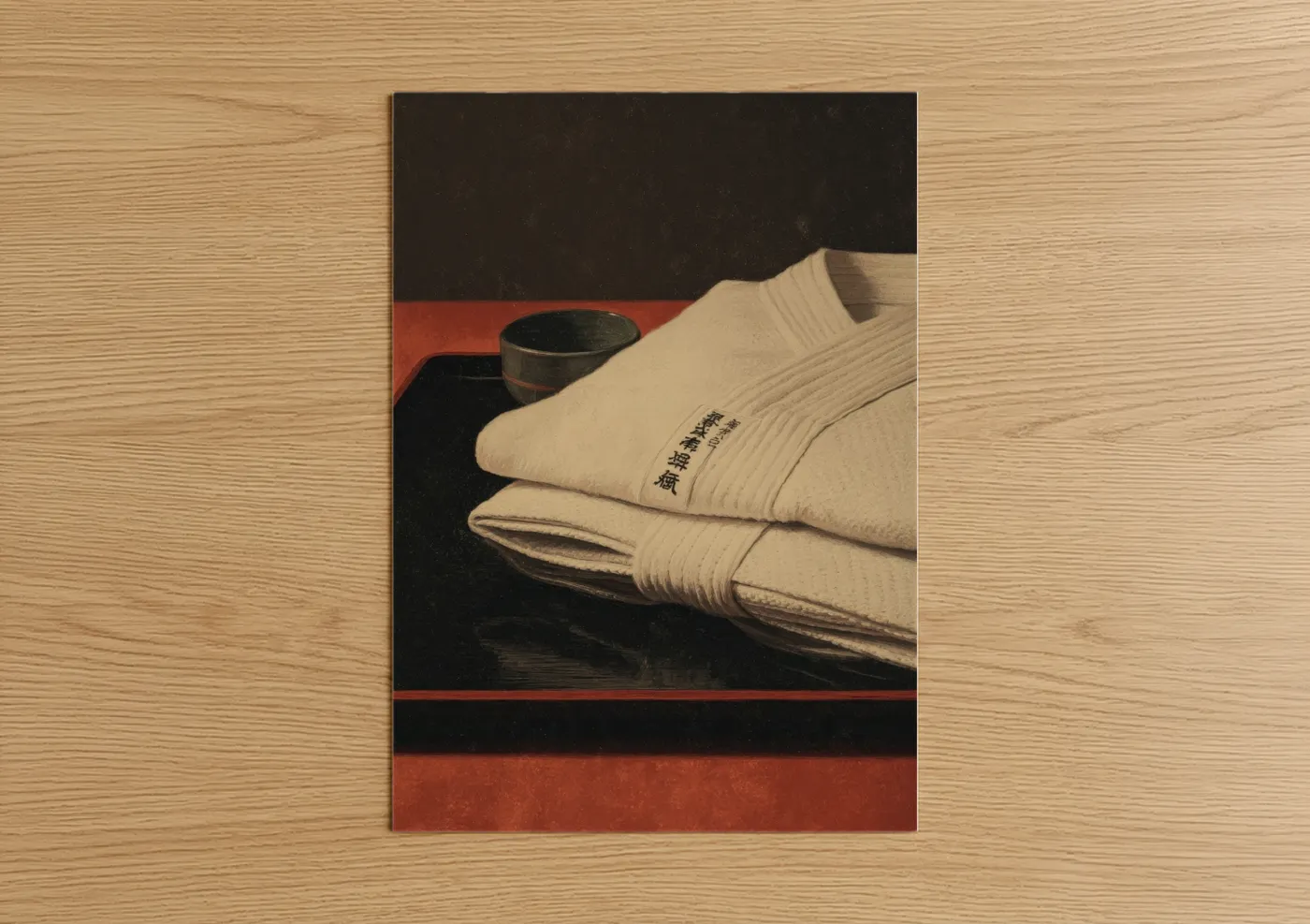 Art print on warm oak wood — cream and espresso palette — Aikido Gi Ritual poster