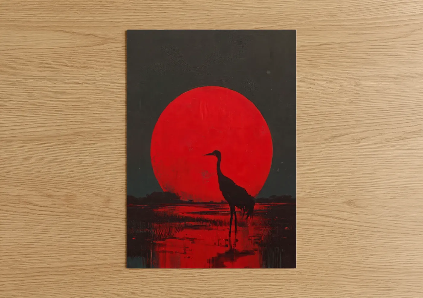 Crimson Sunset Crane Silhouette Wall Art