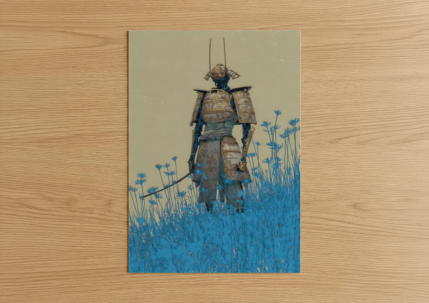 Samurai Robot in Blue Flower Field Wall Art