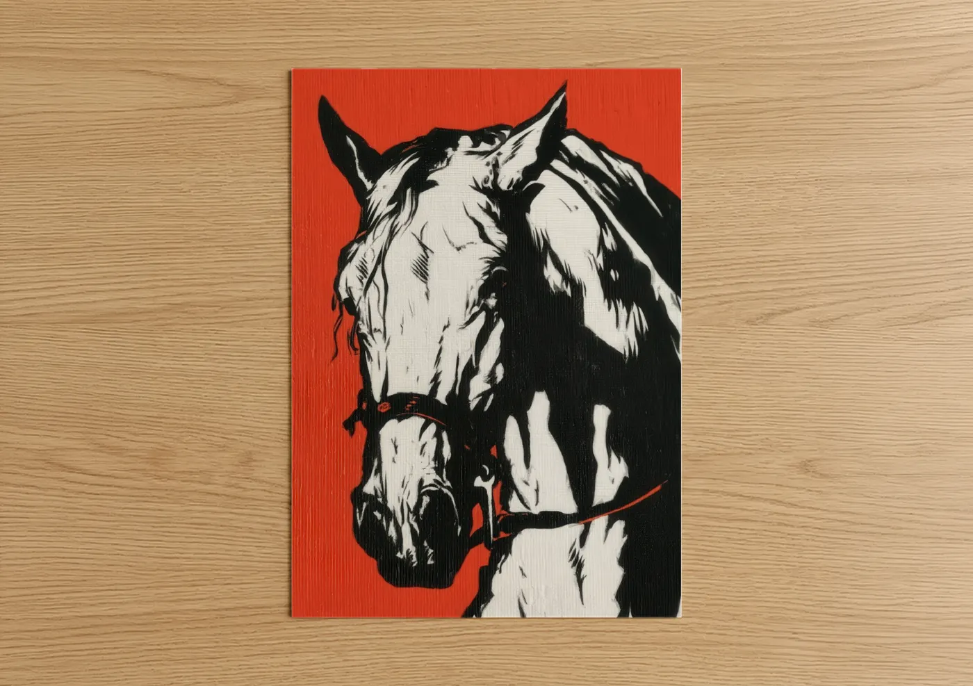 Andalusian horse art print on warm oak wood — black and white and red palette — Crimson Andalusian poster