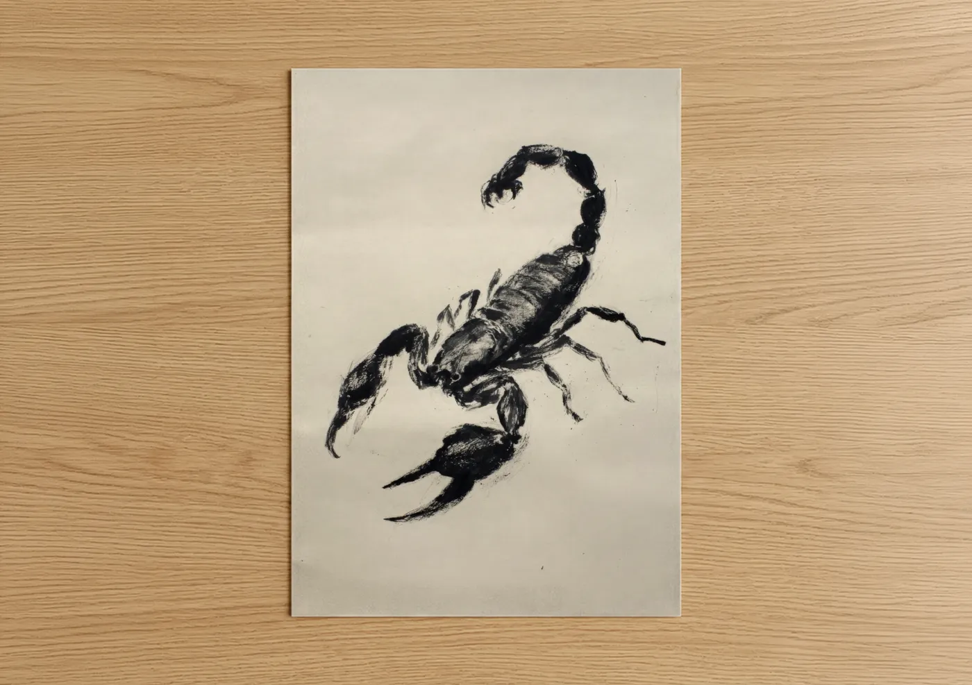 Scorpions art print on warm oak wood — black and white palette — Menacing Scorpion poster