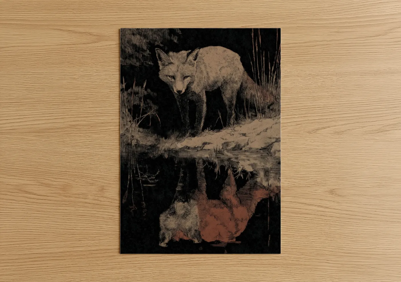 Nighttime Fox Reflection Woodblock Wall Art