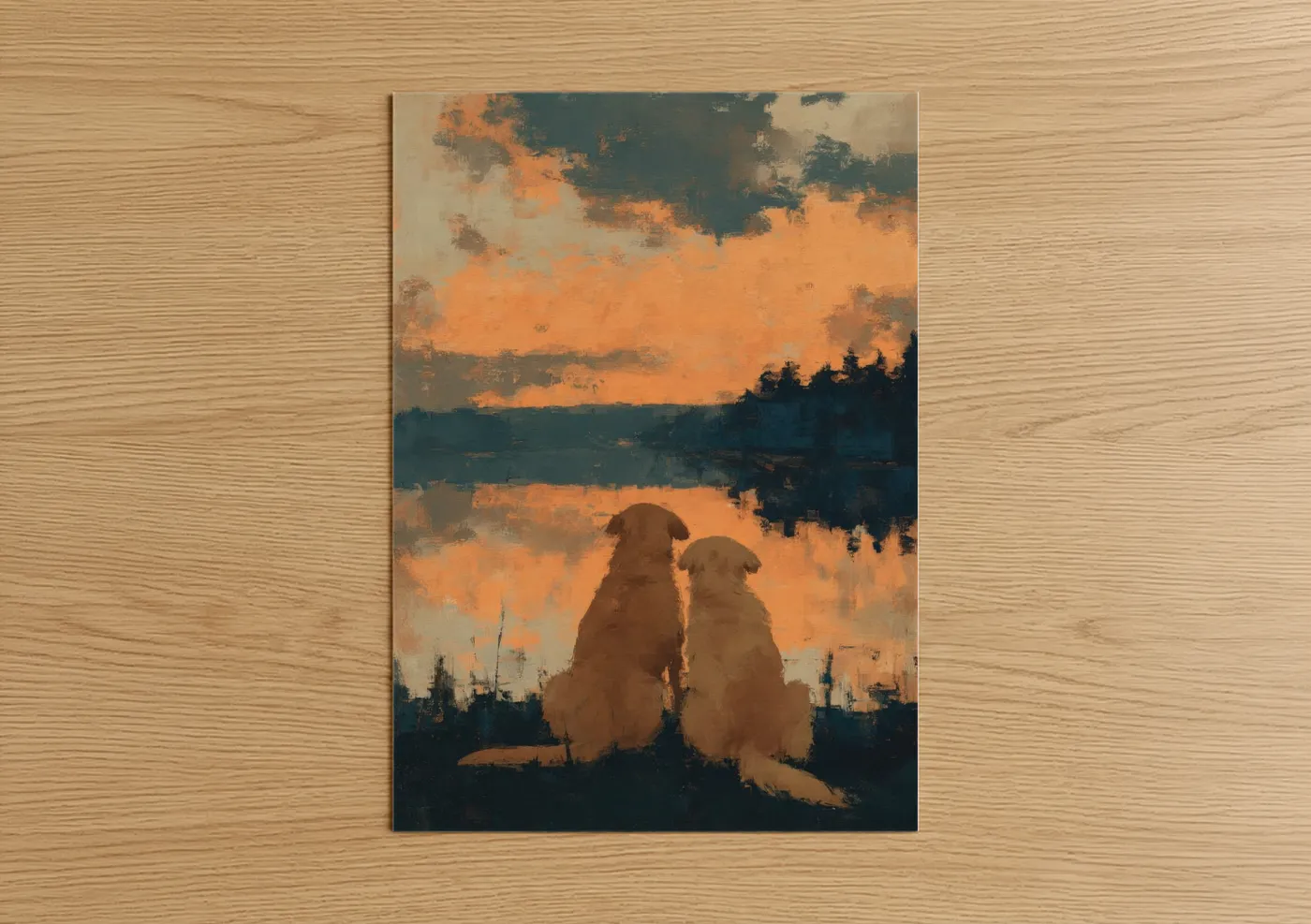 Animals in love art print on warm oak wood — gold and teal palette — Lakeside Companions poster