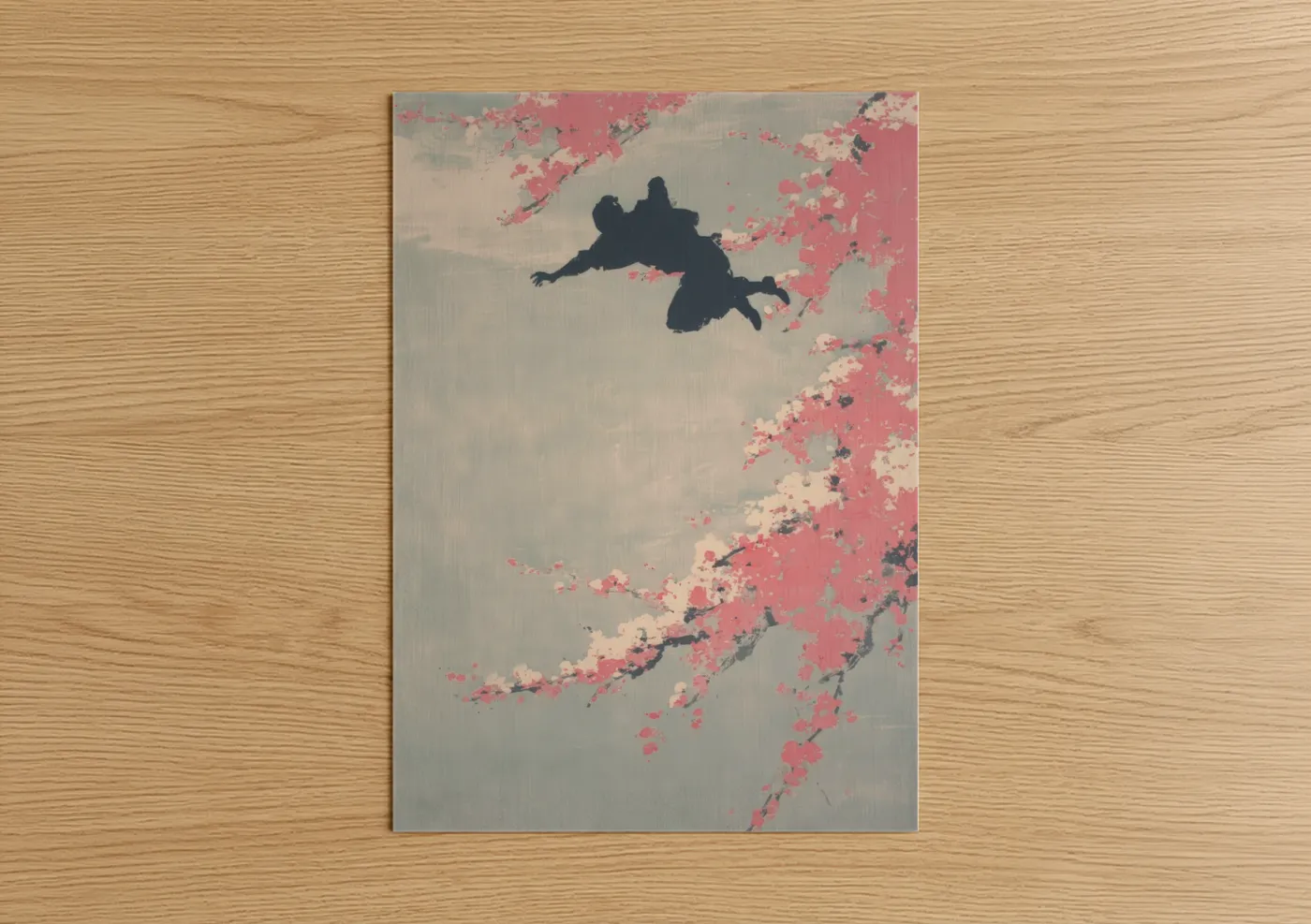 Art print on warm oak wood — salmon pink and black palette — Parkour Flight poster
