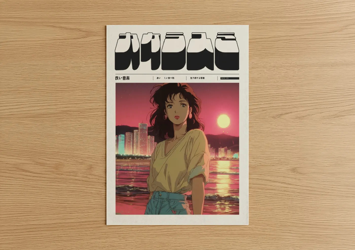 Anime and manga art print on warm oak wood — magenta and gold palette — Neon Sunset Girl poster