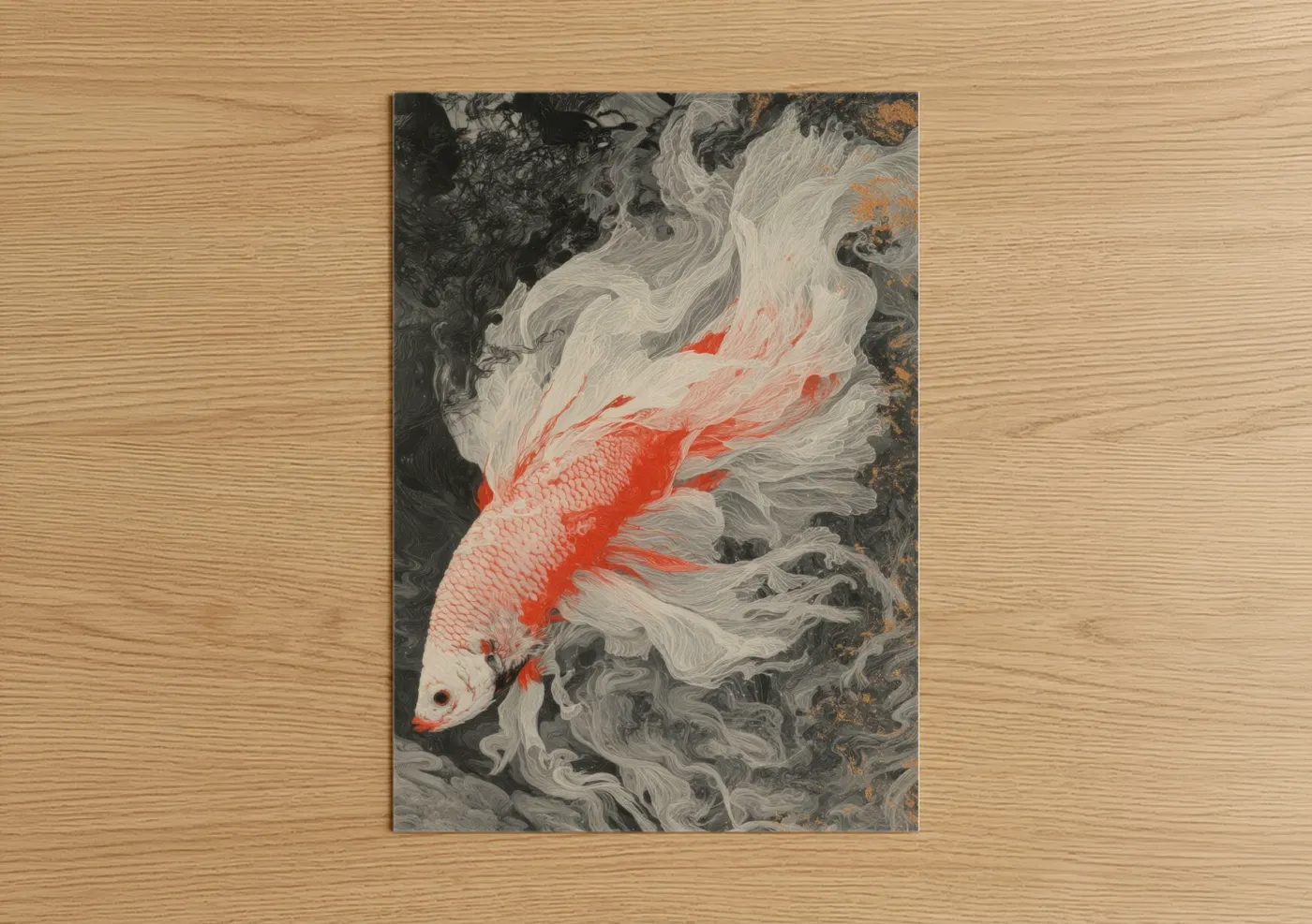Fighting fish art print on warm oak wood — red and black and white palette — Crimson Betta Fish poster