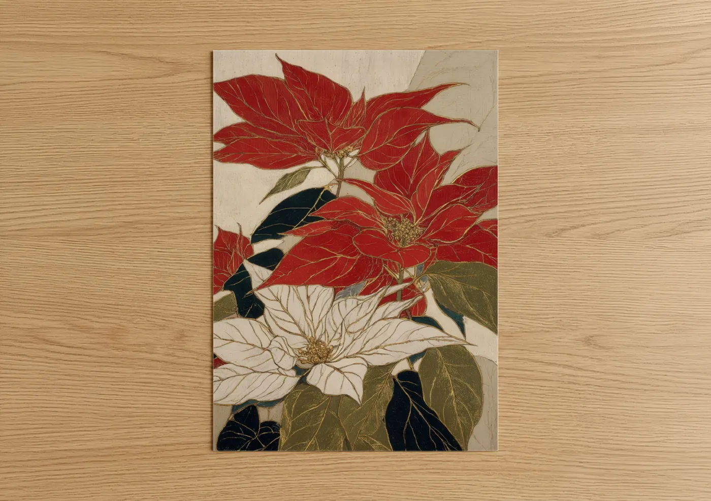 Crimson Poinsettias Botanical Illustration Wall Art