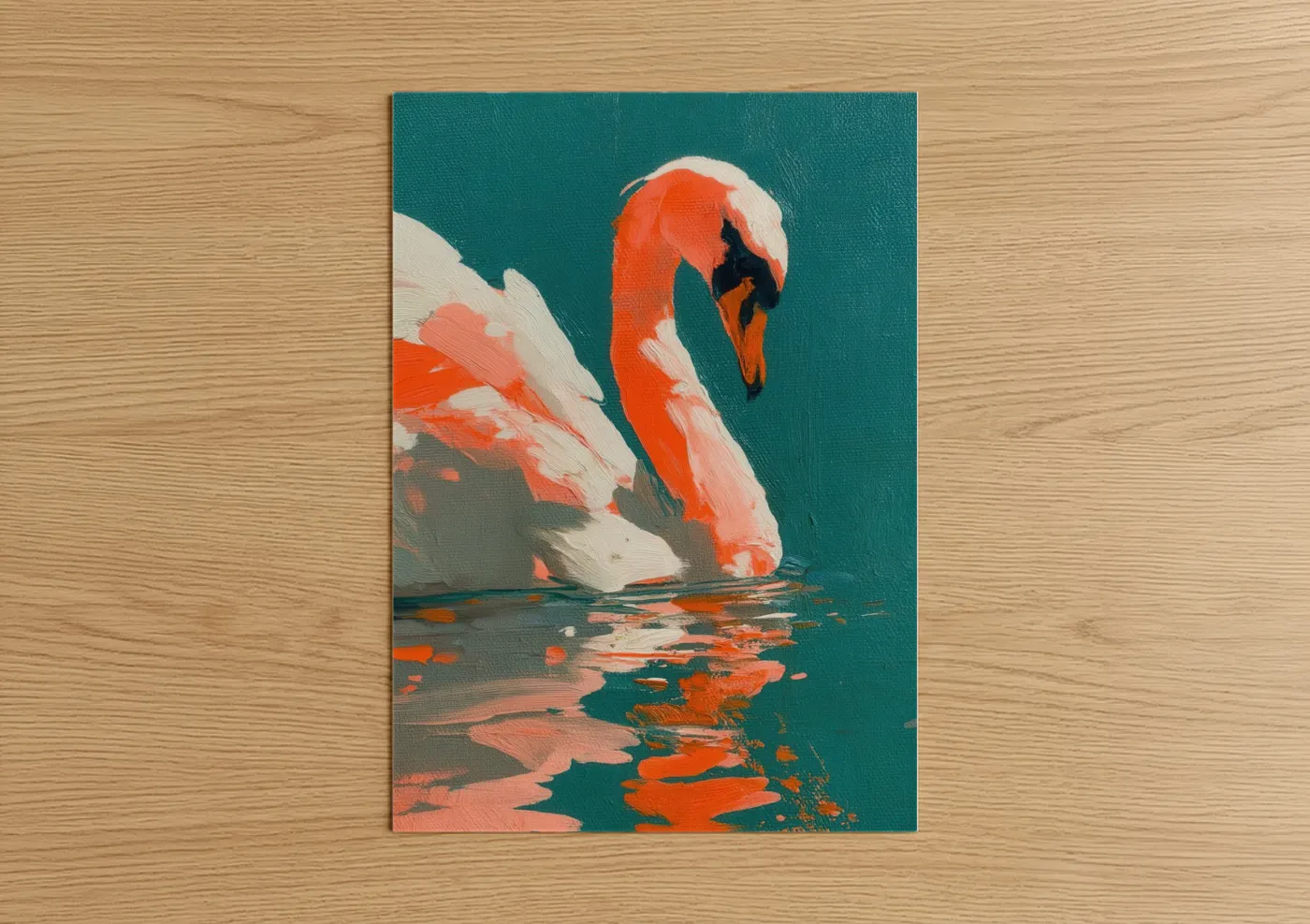 Art print on warm oak wood — teal and orange palette — Coral Swan Portrait poster