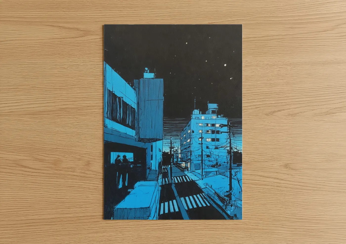 Abstract architecture art print on warm oak wood — blue and black palette — Neon City Night poster