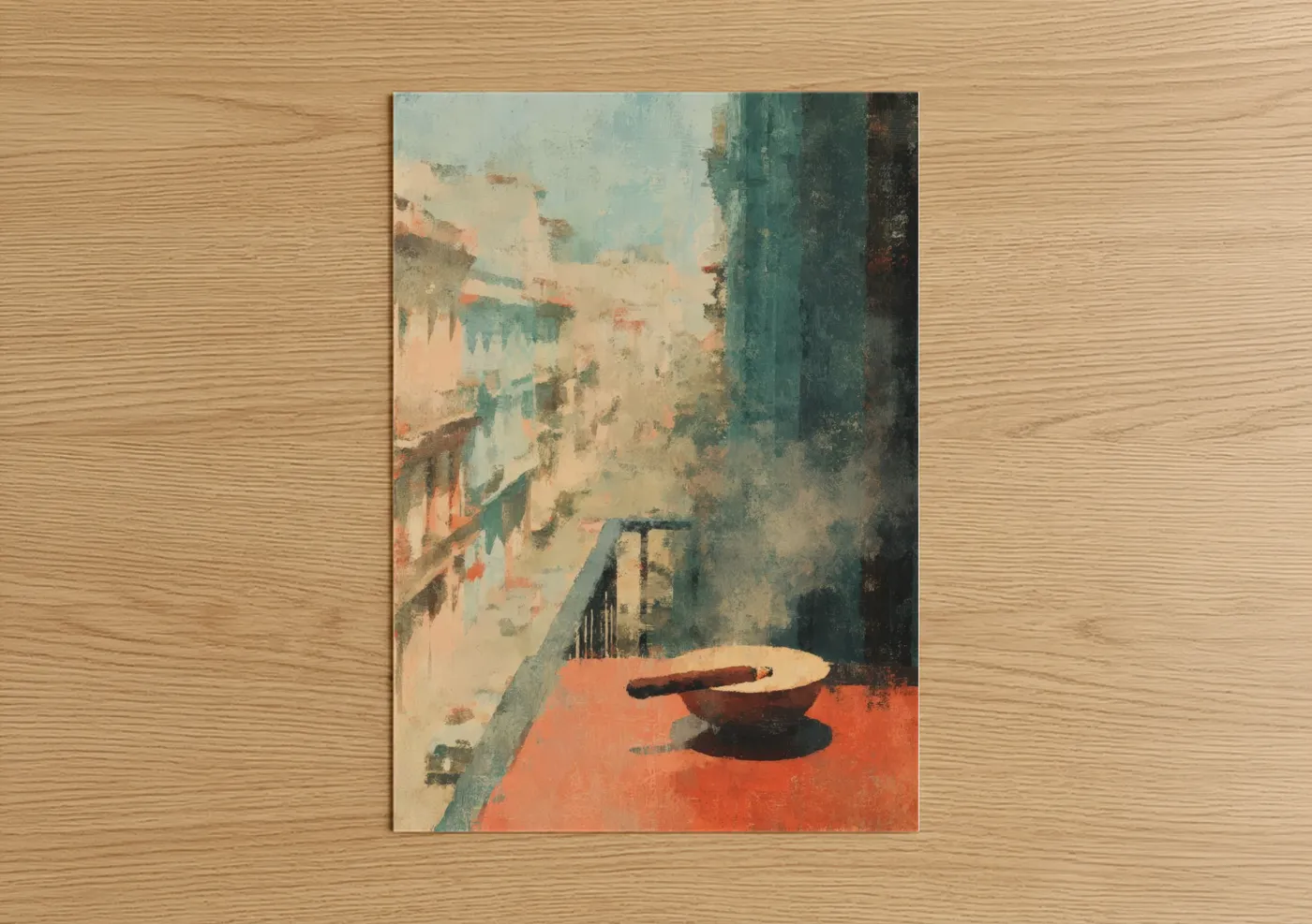 Cigars art print on warm oak wood — peach and teal palette — Havana Balcony poster