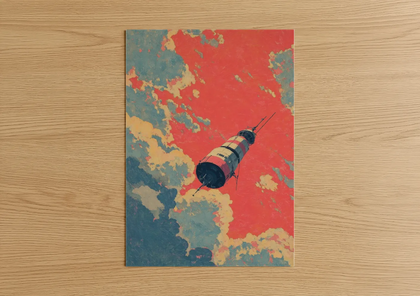 Art print on warm oak wood — red and blue palette — Orbital Satellite poster