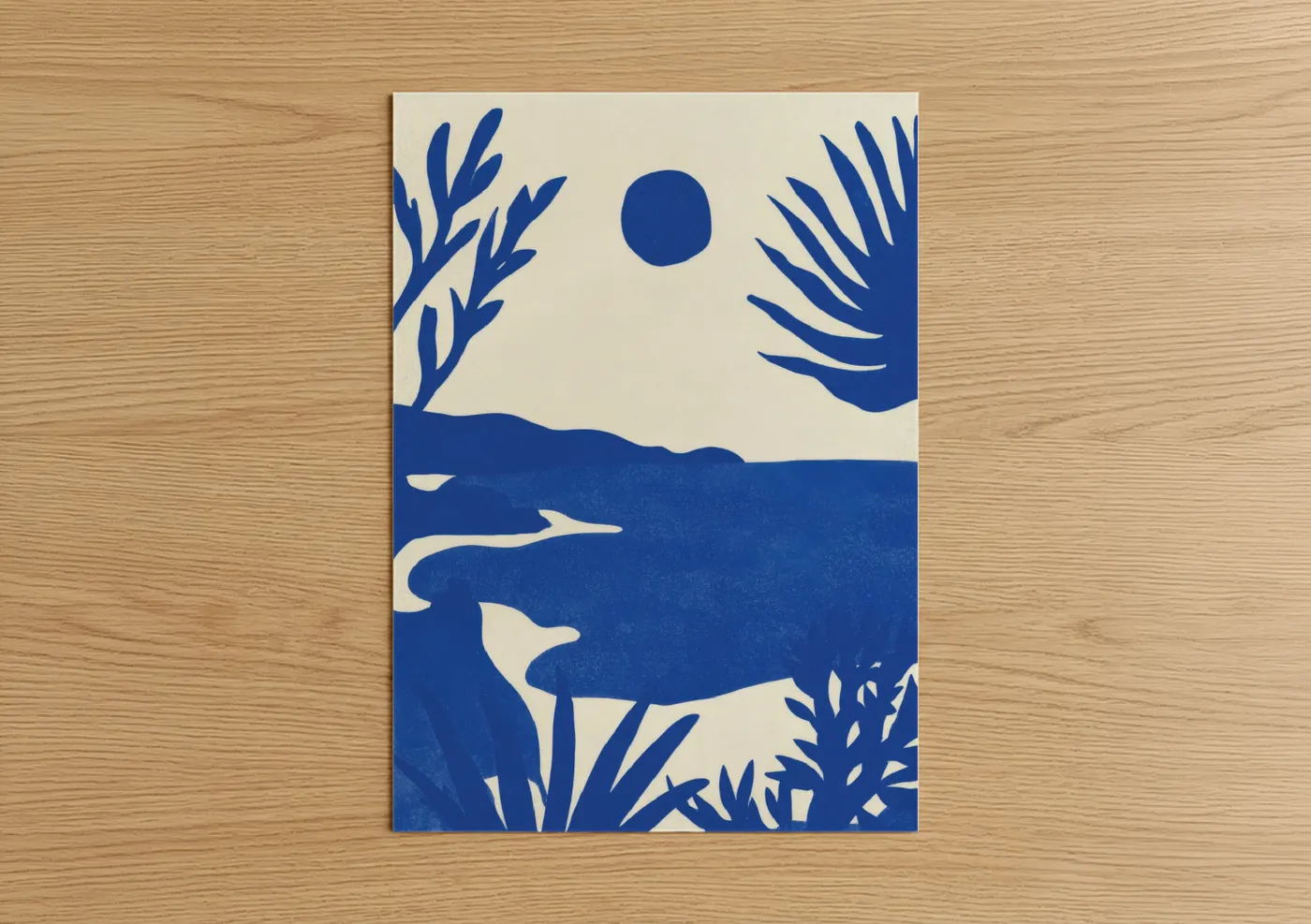 Seascapes and ocean art print on warm oak wood — blue and cream palette — Serene Ocean Landscape poster