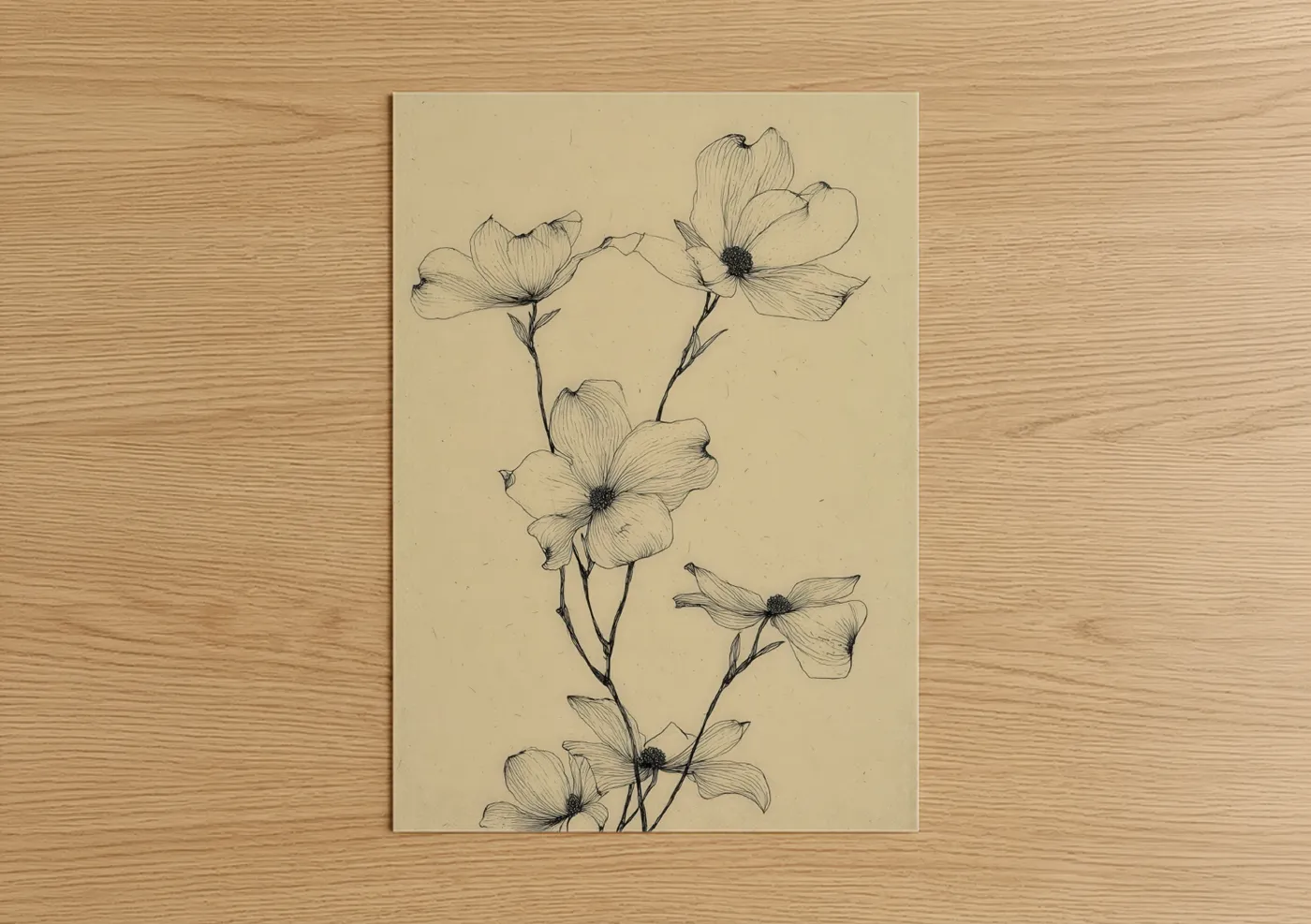 Art print on warm oak wood — cream and black and white palette — Delicate Dogwood Branch poster