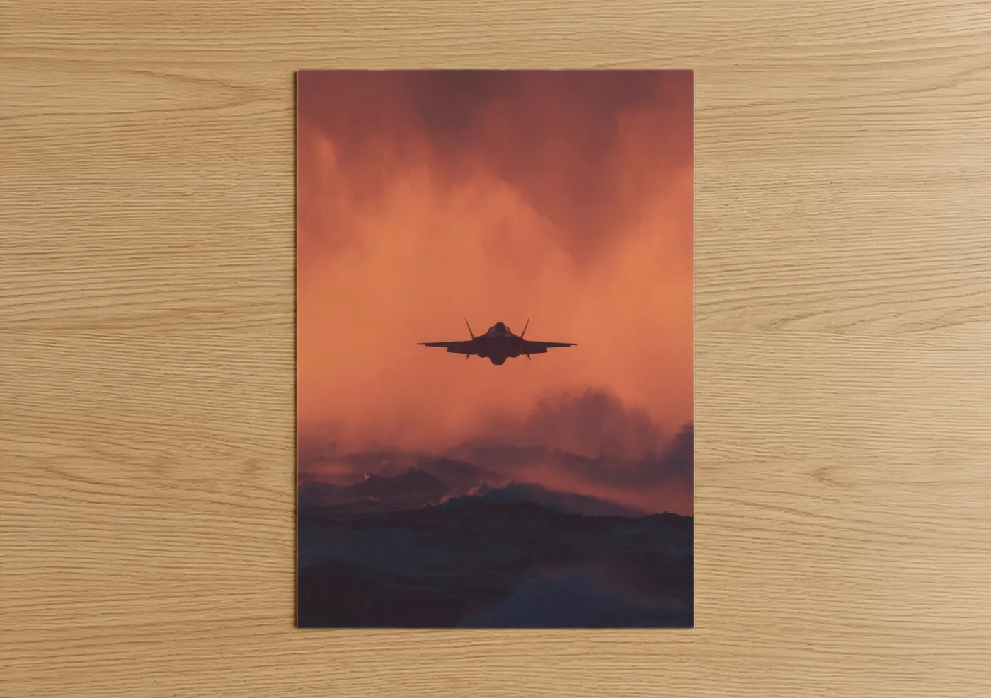 Military plane art print on warm oak wood — orange and maroon palette — Sunset Fighter poster