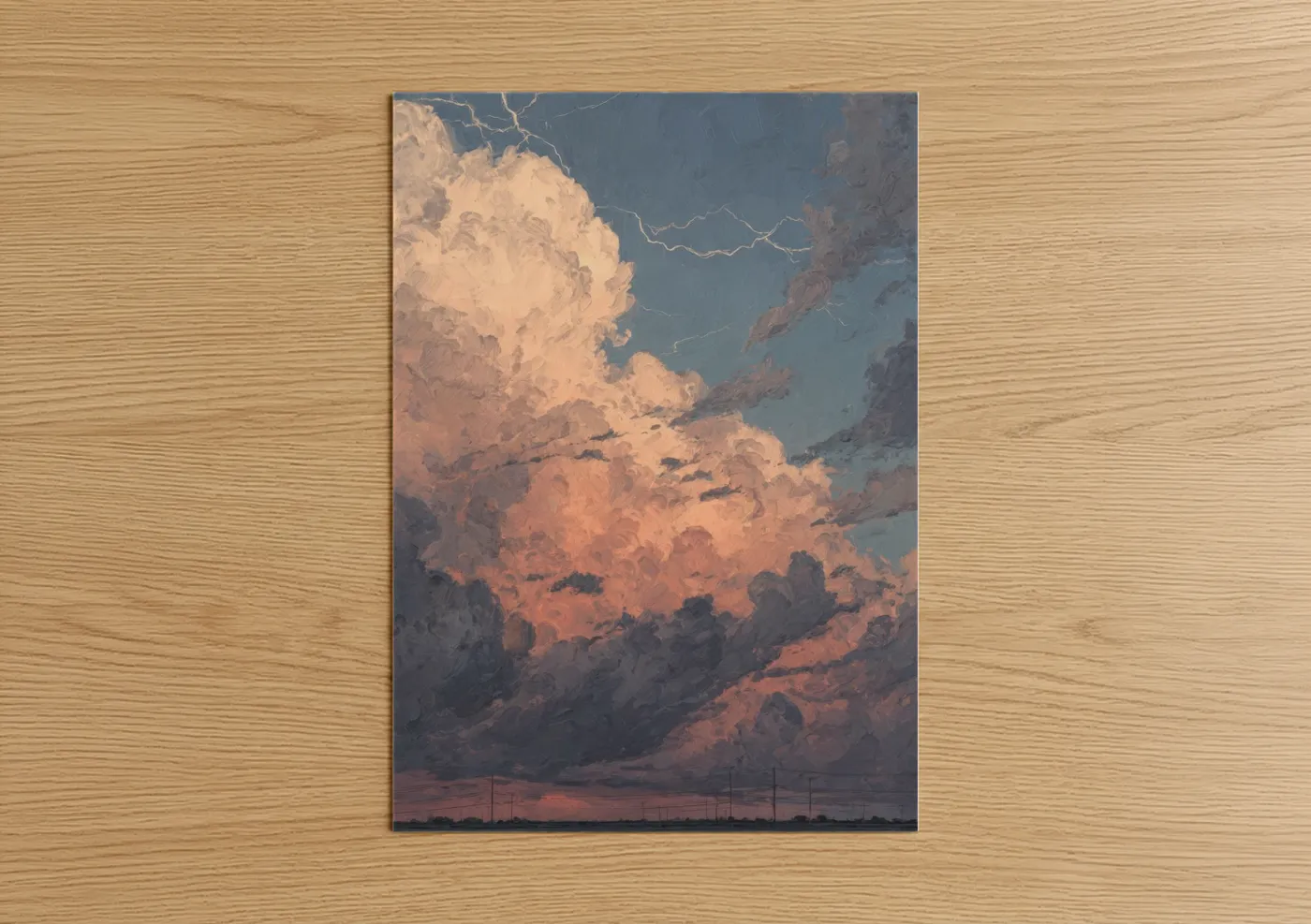 Art print on warm oak wood — peach and blue palette — Towering Storm Clouds poster