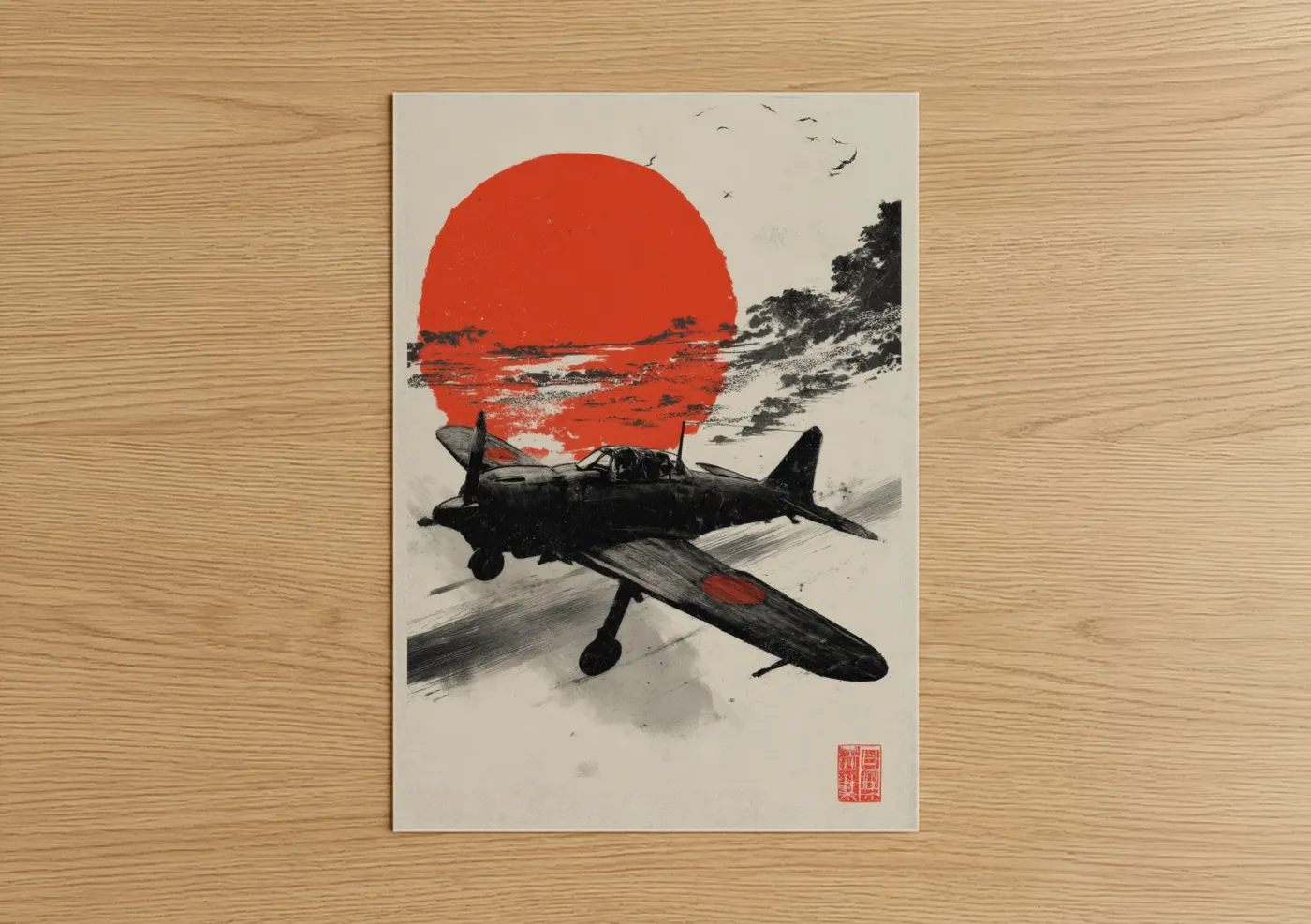 Vintage Airplane Red Sun Landscape Wall Art