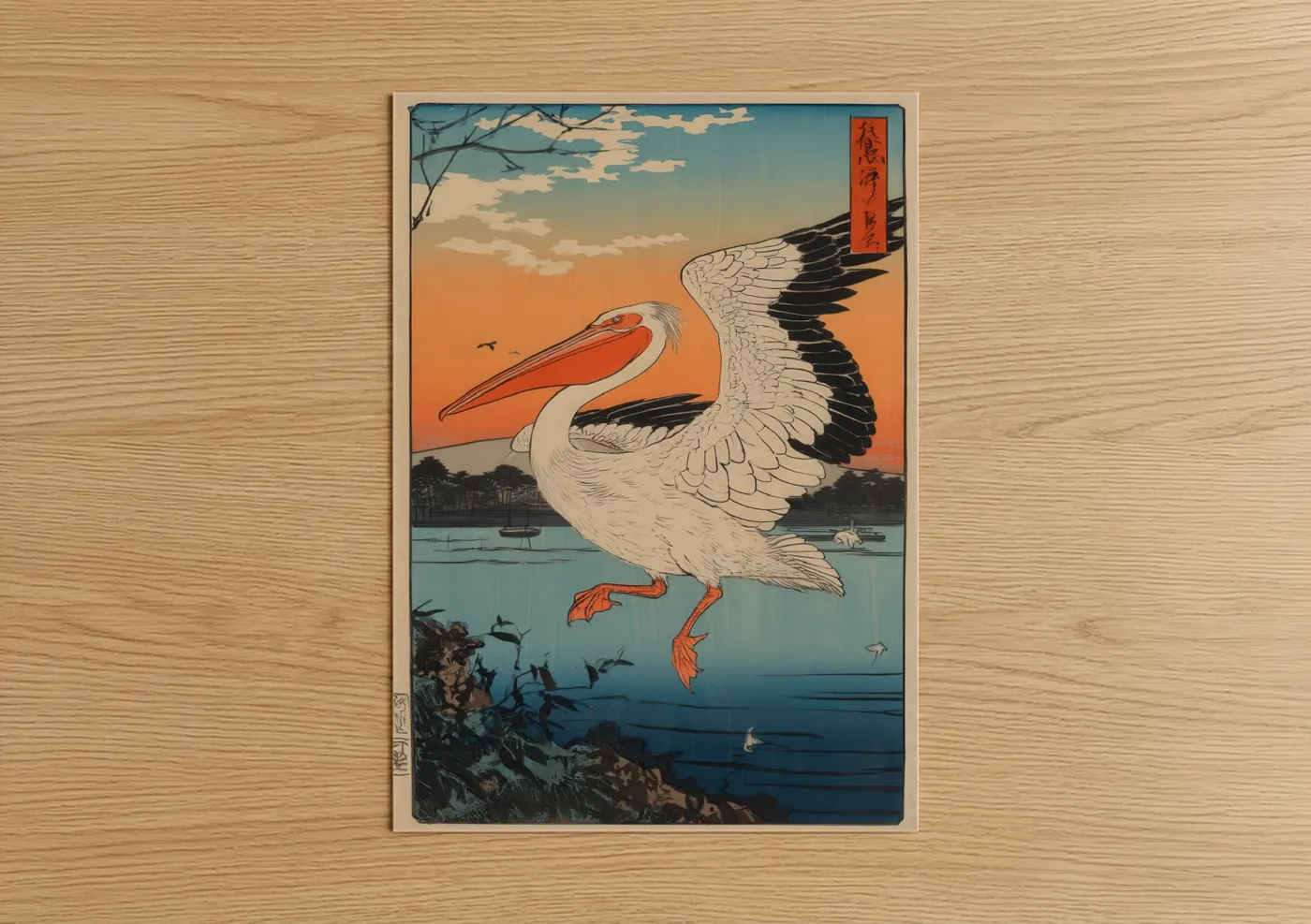 Crimson Pelican Sunset Japanese Woodblock Wall Art