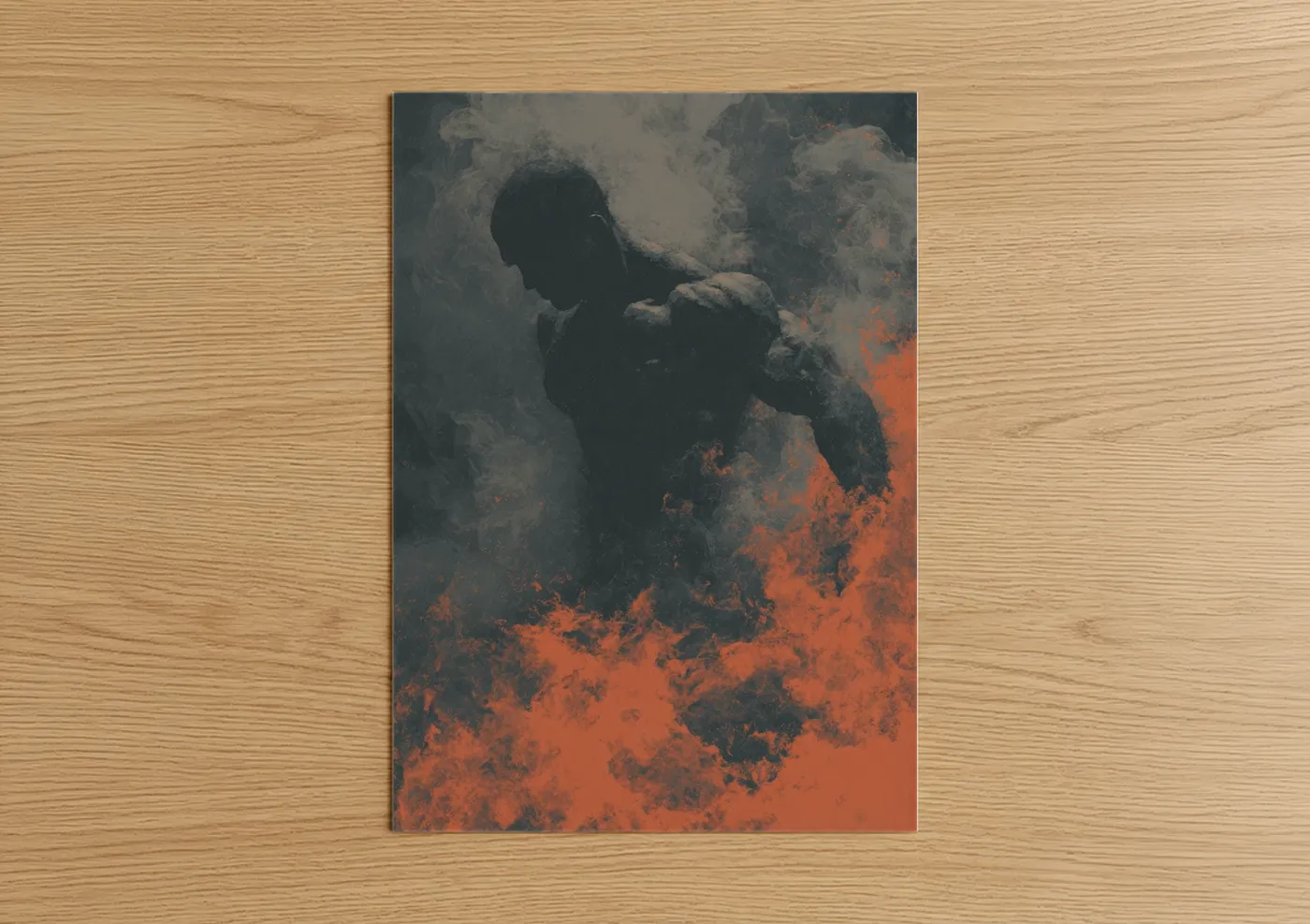 Bodybuilding art print on warm oak wood — black and gold and red palette — Strength Unleashed poster