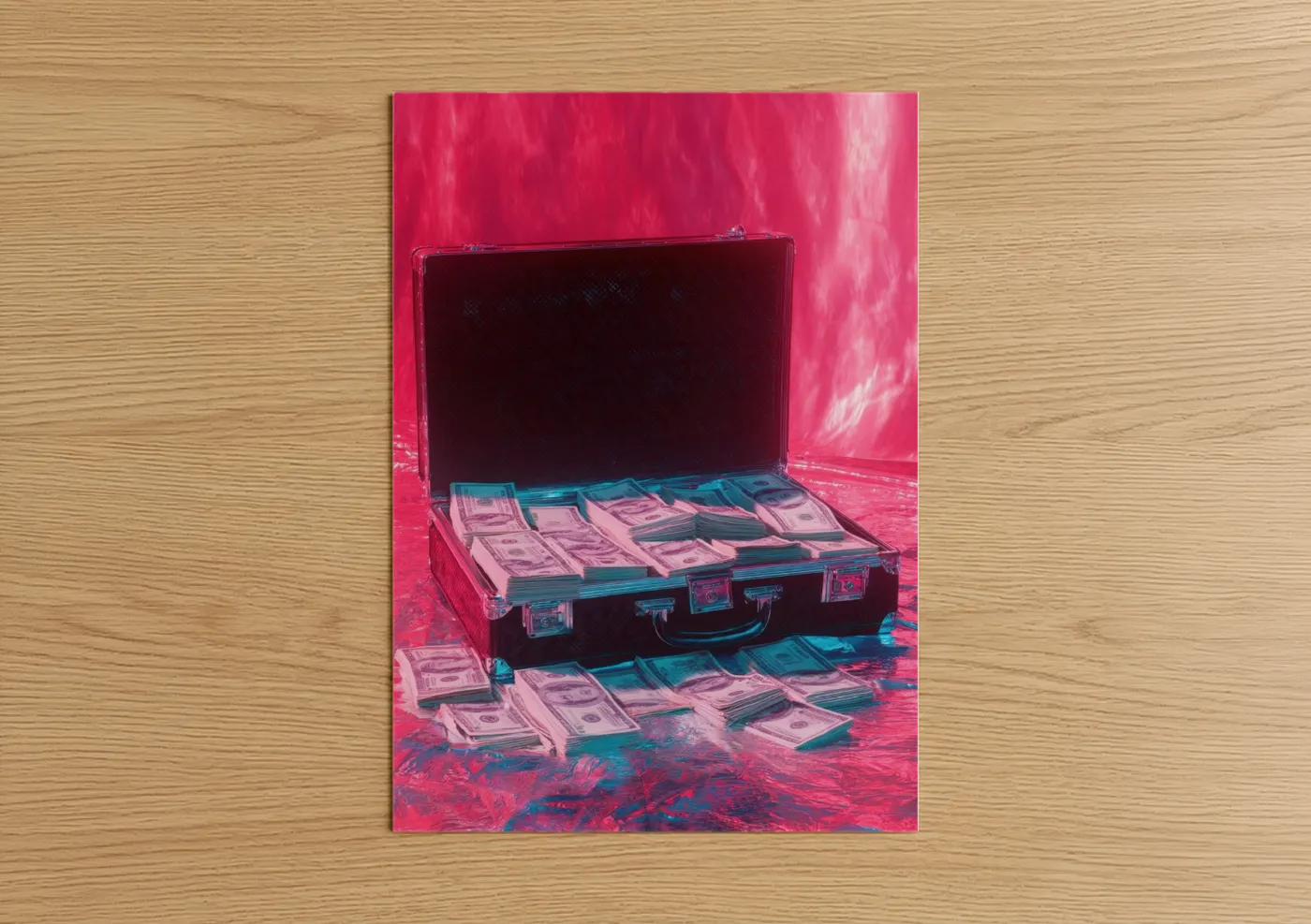 Art print on warm oak wood — magenta and blue palette — Neon Money Briefcase poster