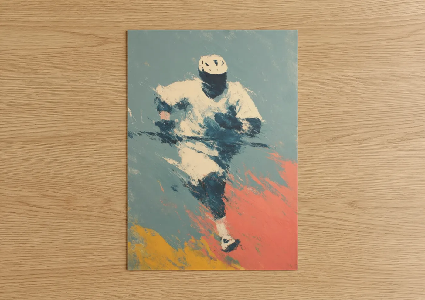 Art print on warm oak wood — blue and salmon pink palette — Dynamic Lacrosse poster