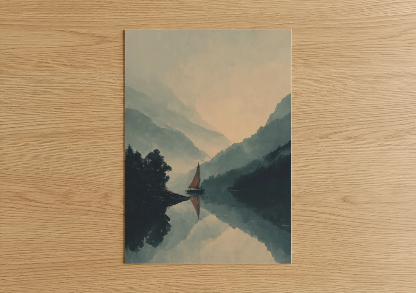 Mountain Lake Sailing Ship Reflection Wall Art