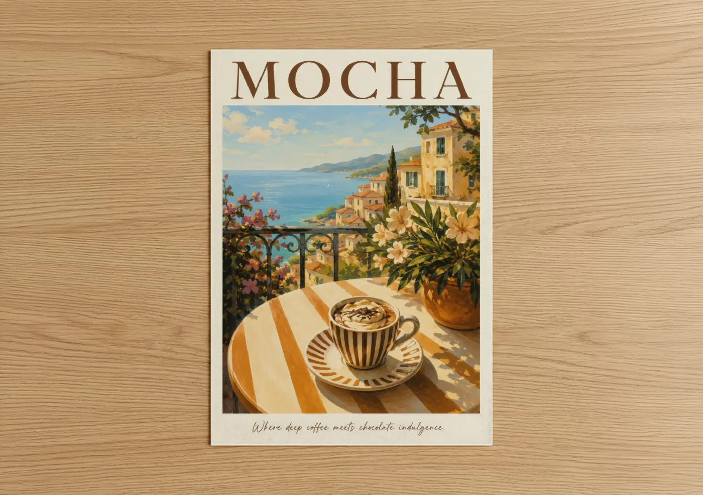 Art print on warm oak wood — beige and blue palette — Mediterranean Coffee Balcony Coastal Wall Art poster
