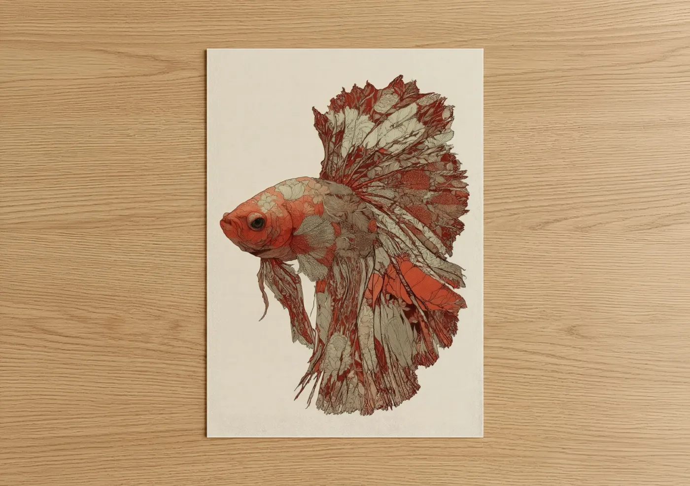 Fighting fish art print on warm oak wood — red and cream palette — Crimson Betta Fish poster